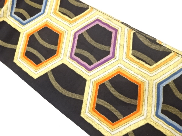 JAPANESE KIMONO / ANTIQUE FUKURO OBI / SILK / WOVEN KIKKO & TATEWAKU PATTERN